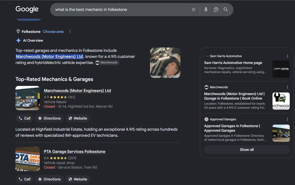 Google AI overview showing top ranked local business