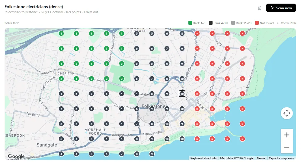 Local SEO rank map showing Google rankings across a city