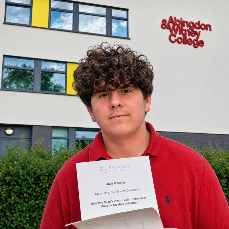 Jake outside Abingdon & Witney College holding his diploma