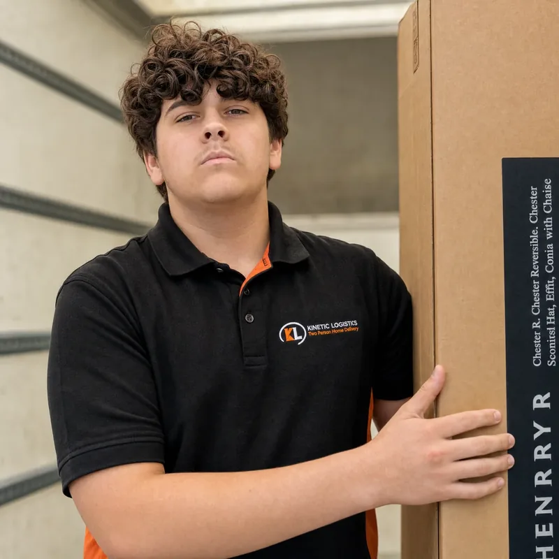Jake in his Kinetic Logistics uniform on a delivery round